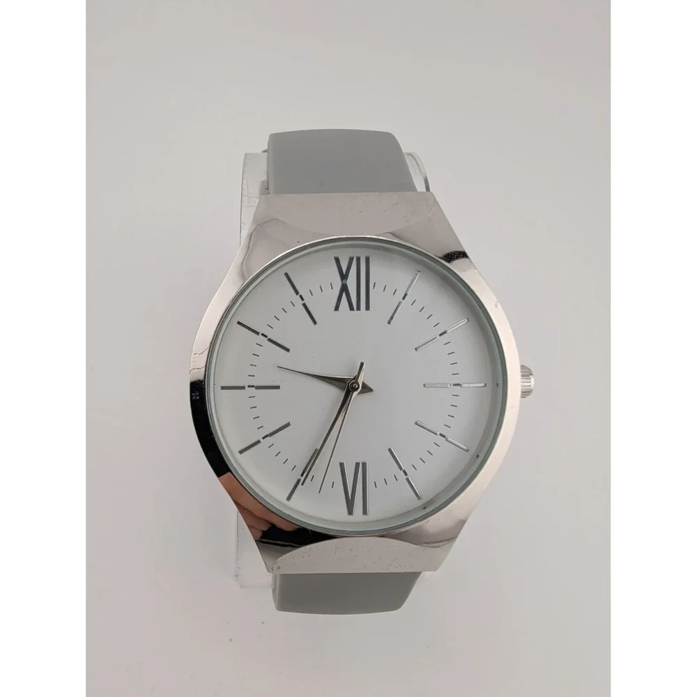 Women's Watch 38mm Silver Case Gray Silicone Band- New Battery